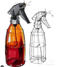 a drawing of a spray bottle next to a wire cage with an object in it