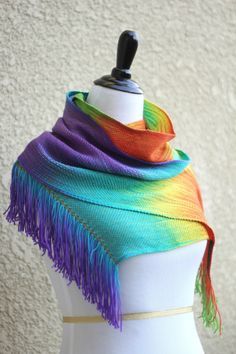 Hand woven scarf in #rainbow colorway. There are a lot of different shades of green, blue, red and purple. Measures: L: 78" with 6" fringe on both ends W: 11" Care instructi... #kgthreads #accessories #cozy #fall #fashion #gay #gift #gradient #unisex #women #wrap Scarf Crafts, Woven Rainbow, Colorful Objects, Hand Woven Scarf, Chevron Baby Blankets, Rainbow Scarf, Woven Scarf, Knitted Cushions, Beautiful Scarf