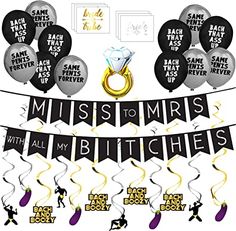 Miss To Mrs Classy & Sassy Bachelorette Black & Silver Party Pack - Bachelorette Party Decorations, Favors and Supplies Gold Bachelorette Party, Bachelorette Banner, Bachelorette Party Destinations, Bachelorette Party Banners, Gold Bachelorette, Bachelorette Sash, Tissue Pom Poms, Awesome Bachelorette Party, Miss To Mrs