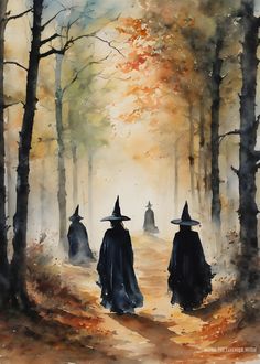 three witches walking down a path in the woods