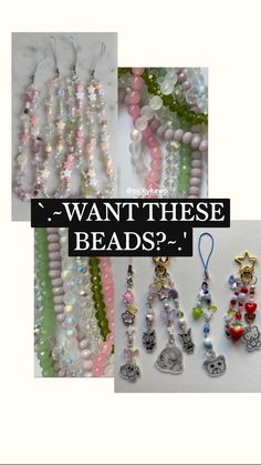 four different necklaces with charms and beads on them, all in various shapes and sizes