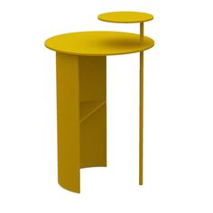 a yellow table with an open shelf underneath it