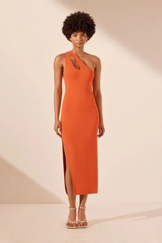 Basic One Shoulder Open Back Midi Dress | Tangerine | Dresses | Shona Joy – Shona Joy International Bridesmaid Pants, Tangerine Dress, Open Back Midi Dress, Bridal Sleepwear, One Shoulder Midi Dress, Shona Joy, Black Tie Event, Sleepwear Robe, China Fashion