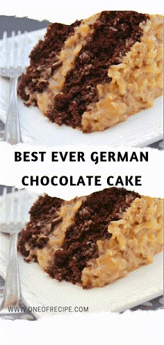 two pictures of a piece of cake on a plate with the words best ever german chocolate cake