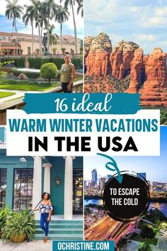 the words warm winter vacations in the usa with images of mountains, trees and buildings