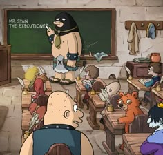 cartoon characters are sitting at desks in front of a chalkboard