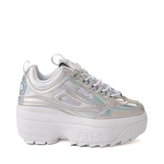 Womens Fila Disruptor Festival Platform Wedge Athletic Shoe - Silver Cheap Synthetic High-top Chunky Sneakers, Sneaker Wedges, Fila Disruptor, Chunky Wedges, Fila Disruptors, Athletic Shoe, Silver Shoes, Wedge Sneakers, Platform Wedge