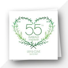 an anniversary card with the number 55 on it and leaves in the shape of a heart