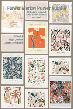 the flower market postcard bundle is shown in several different colors and patterns, including flowers