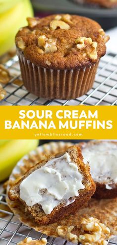 banana muffins with cream cheese frosting on top