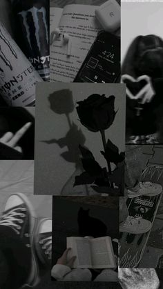 a collage of black and white images with roses, books, and other things