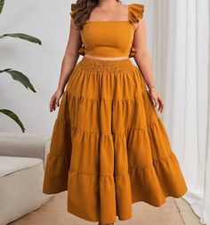 Cropped Top With Skirt, Yellow Outfit Plus Size, Casual African Outfits For Women, Mustard Yellow Dress Outfit Classy, Simple Gown Styles, Mustard Yellow Outfit, Casual Gowns, Mustard Yellow Dress, Long Skirt And Top