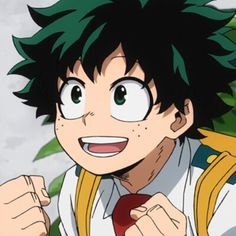 an anime character with green hair wearing a backpack and smiling at the camera while holding his hand up to his chest