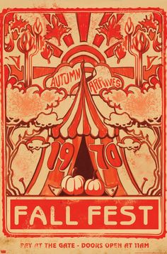 an orange and white poster with the words fallfest on it's front side