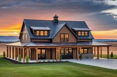 a large house with lots of windows on the front and side of it at sunset