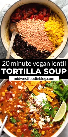 a bowl filled with tortilla soup and topped with corn, tomatoes, black beans, cilantro