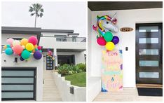 two pictures of a house with balloons and a unicorn on the front door that says happy mother's day