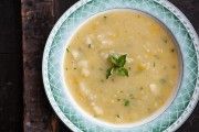 a bowl of soup is sitting on a table