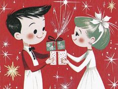 a boy giving a girl a present on christmas day with fireworks in the sky behind him