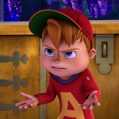 the animated character is wearing a red shirt and green hat, with his hands out in front of him