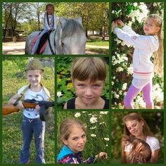 a collage of photos with children and horses