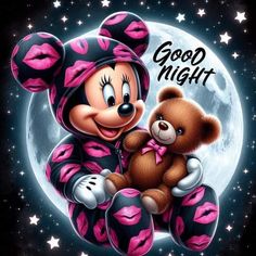 a cartoon character holding a teddy bear in front of a full moon with the words good night written on it