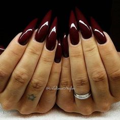 Nail Color Inspo Fall, Dark Red Stilletos Nails, Black Burgundy Nails, Acrylic Stiletto Nails Design, Black Gel X Nail Designs, Maroon Stiletto Nails, Wine Red Nails Acrylic, Almond Nails Designs Fall 2024, Burgundy Stiletto Nails