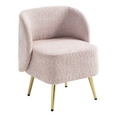 a pink chair with gold legs on a white background