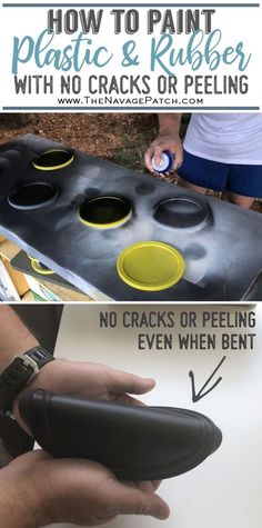 a person holding a black and yellow object with the words how to paint plastic & rubber with no cracks or peeling