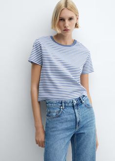 Striped short-sleeved t-shirt - Women | Mango USA Shirt Women Outfit, Bali Outfit, Striped Shirt Women, Short Design, Striped Short Sleeve Shirt, Women Outfit, Striped Short, Designer Shorts, Amalfi Coast