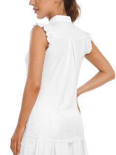 Swing with Your Style Elegant Sleeveless Shirt For Summer, Elegant Sleeveless Summer Shirt, Solid Sleeveless Shirt For Summer, White Sleeveless Shirt For Work, Collared Ruffle Shirt, Ruffle Sleeve Tops For Office In Summer, Summer Office Tops With Ruffle Sleeves, Tennis Shirts, Ladies Golf