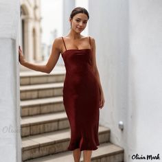 Olivia Mark - Seductively Stunning Red Satin Slip Dress - The Perfect Attire for Formal Occasions Low Neckline Dress, Satin Halter Dress, Satin Evening Gown, Tail Dress, Low Cut Dresses, Satin Cocktail Dress, Dress Collar, Satin Evening Dresses, Evening Party Gowns