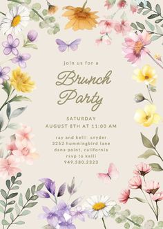 a floral brunch party with flowers and butterflies on the front, in pastel colors