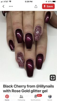 Shades Of Maroon Nails, Black Cherry Nails Design, Black Cherry Nails Acrylic, Maroon Nails Design, Cherry Mocha Nails, Cherry Wine Nails, Black Cherry Nails, Ambre Nails