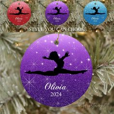 a personalized ornament hanging from a christmas tree with the silhouette of a ballerina