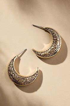 Our (fashion) North Star is pointing West toward all things country-chic. | Western Filigree Moon Hoop Earrings by Anthropologie in Gold, Women's, Gold/Plated Brass Gold Western Jewellery, Southwestern Jewelry, Western Jewelry, Accessories Jewelry Earrings, North Star, Country Chic, Women Accessories Jewelry, Rhodium Plated, Color Coding