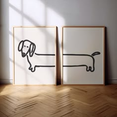 two black and white pictures with a dog drawn on them in front of a window