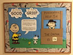 "Good Grief" Charlie Brown themed BB, Lourdes, January 2015 Grade Quotes, Charlie Brown Classroom, Resident Assistant Bulletin Boards, Ra Door Decs