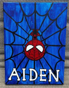 a spiderman face painted on a blue background with the word,'aidn '