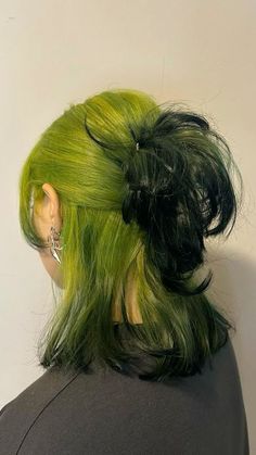 Ombre Hair Color Colorful, Green To Black Hair, Hair Color Accents, Seaweed Green Hair, Green Hair With Black Tips, Silver Green Hair, Lime Green Hair Color, Black Green Hair Color, Coloured Hair Styles