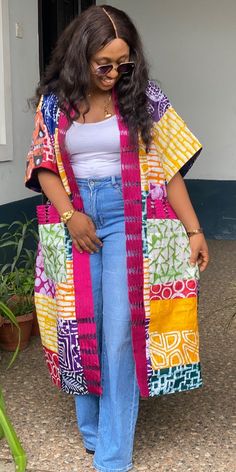 #kimono African Print Kimono Ankara Styles, Adire Kimono Outfit, African Kimono Ankara, Casual African Outfits For Women, Ankara Cardigan, Ankara Outfits For Ladies, Habibi Fashion, Ankara And Jeans, Kimono Ankara Styles