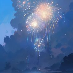 fireworks are lit up in the sky above water and clouds at night with blue skies