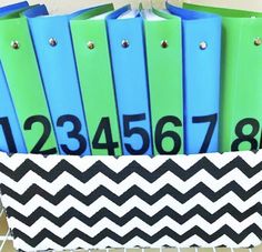 several folders in a holder with numbers and arrows on the bottom, along with black and white chevron paper