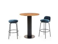 two stools and a table with a round wooden table in front of it on a white background