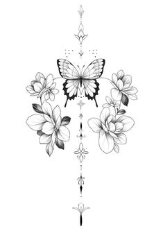 a black and white drawing of flowers with a butterfly on the top of one flower