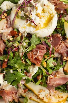 Arugula Burrata Salad with Prosciutto - Sprinkled With Balance Arugula Christmas Wreath Salad, Prosciutto Salad Recipes, Arugula Burrata Salad, Recipe With Burrata, Arugula Salads, Arugula Goat Cheese Salad, Wine Poached Pears, Arugula Salad Recipes