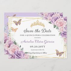 save the date card with purple roses and butterflies