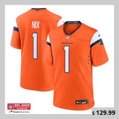 Represent your favorite team and player by grabbing this Bo Nix 2024 NFL Draft First Round Pick Player Game Jersey from Nike. Complete with the Denver Broncos trademark colors and graphics you love, this jersey is the best way to show support for the Denver Broncos for seasons to come! Team-colored Jersey For Game Day, Team Logo Jersey For Sports Season, Sportswear Jersey With Team Logo For Sports Season, Game Day Team Logo Jersey With Crew Neck, Game Day Team Logo Crew Neck Jersey, Game Day Crew Neck Jersey With Team Logo, Sporty Team-colored Jersey With Team Logo, Game Day Crew Neck Fan Jersey, Game Day Fan Apparel Jersey With Crew Neck