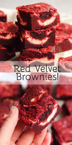 red velvet brownies are stacked on top of each other with the words, red velvet brownies