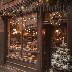 a bakery with christmas decorations and lights on the windows